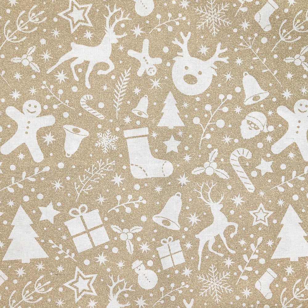 Polycoton imprimé Noël pain d'épice blanc fond beige