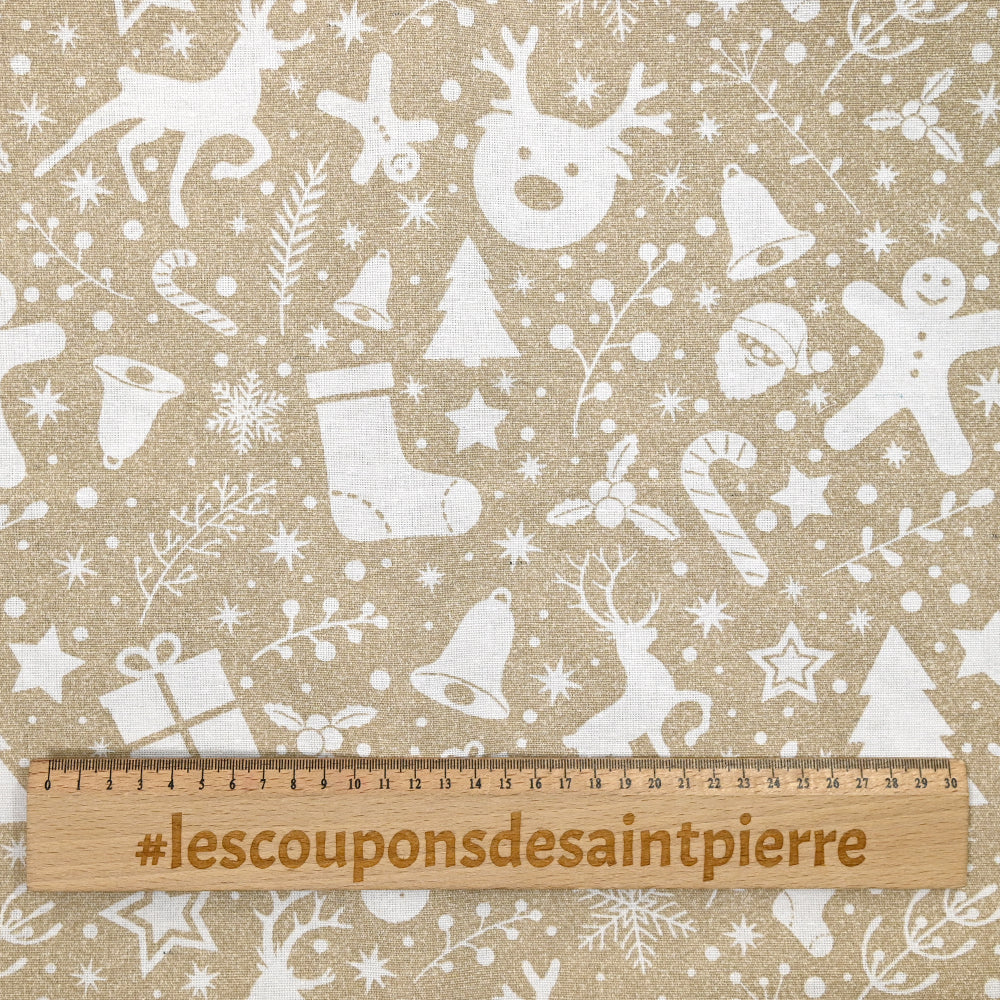 Polycoton imprimé Noël pain d'épice blanc fond beige - Image 3