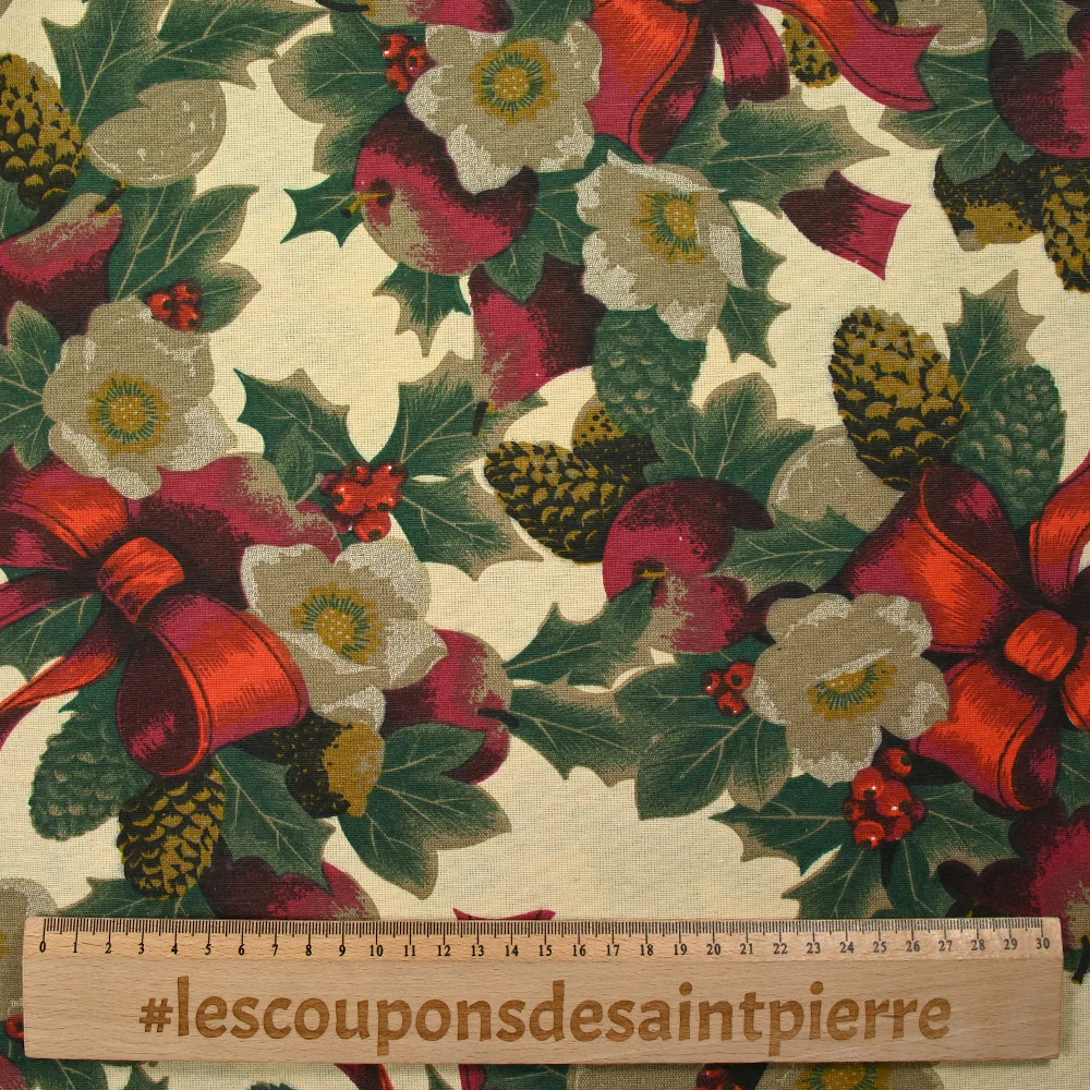 Polycoton imprimé pomme de pin et ruban fond ivoire - Image 3