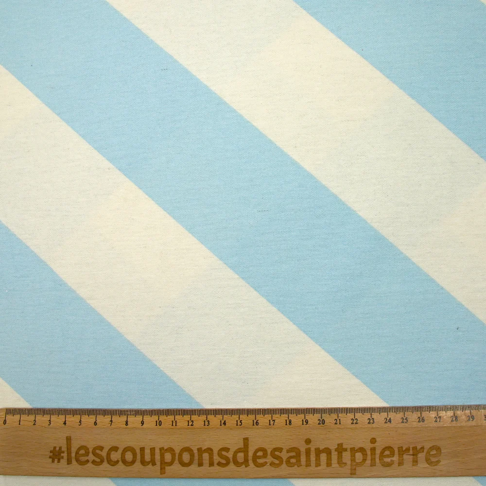 Polycoton imprimé rayure en diagonale bleu ciel et écru - Image 3