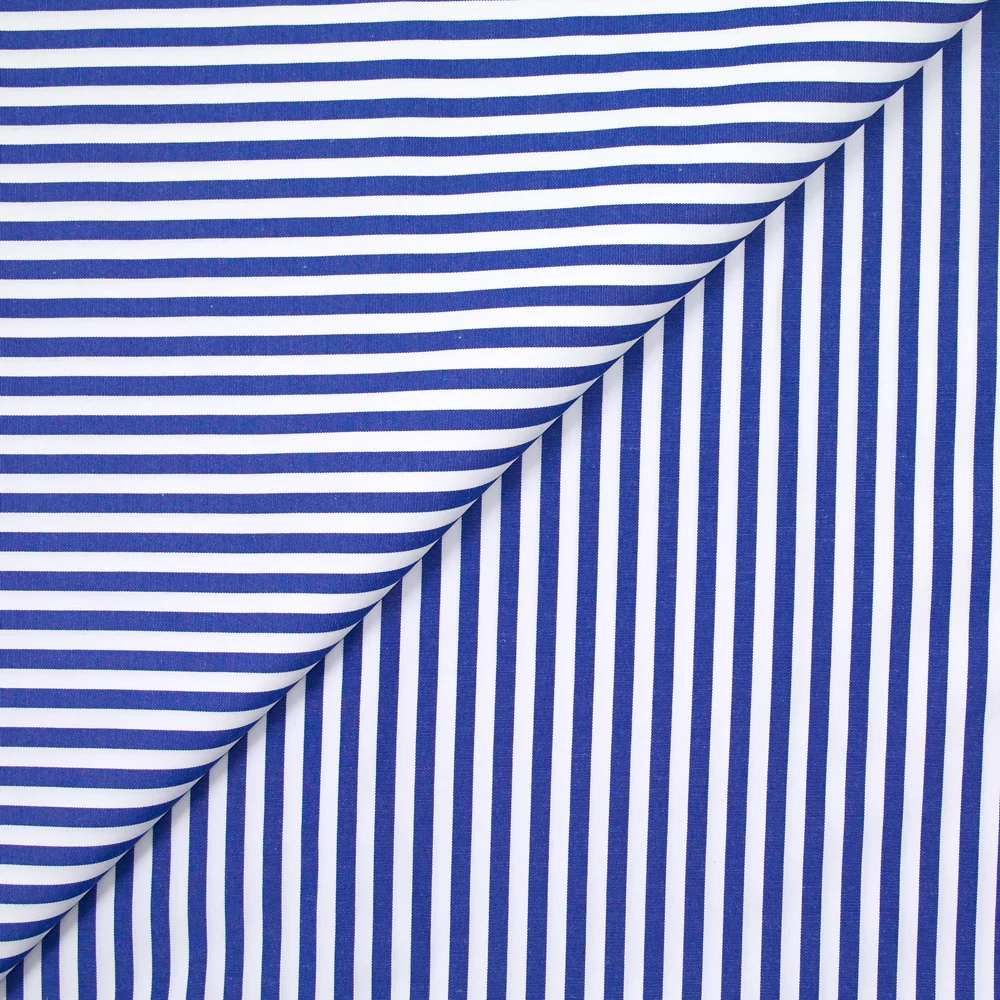 Polycoton rayé bleu 5mm fond blanc
