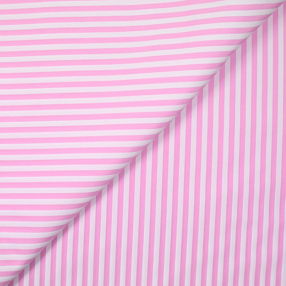 Polycoton rayé rose 5mm fond blanc