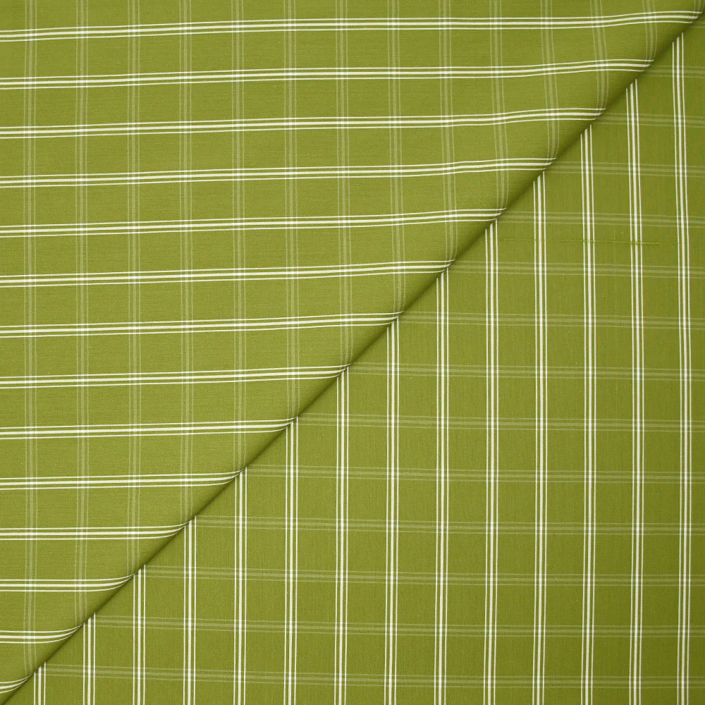 Polycoton tissé-teint à carreaux écru fond vert olive