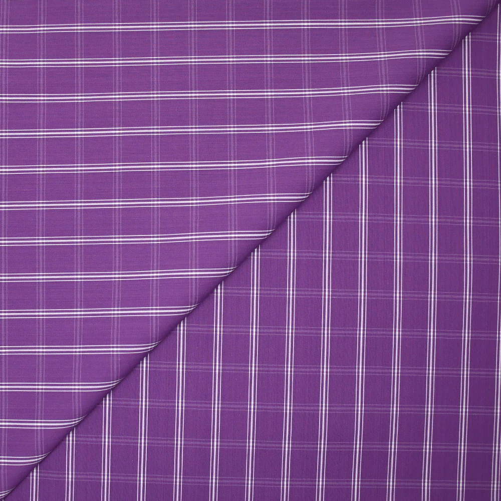 Polycoton tissé-teint à carreaux écru fond violet améthyste