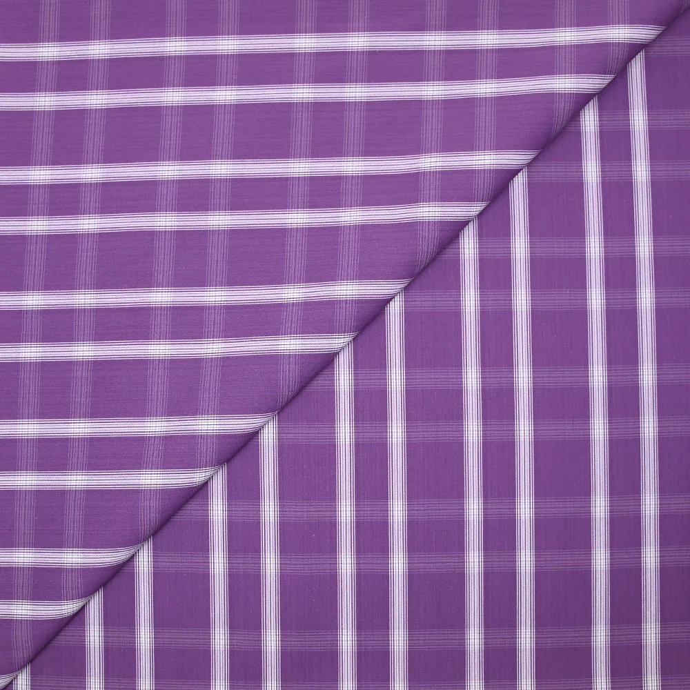 Polycoton tissé-teint ligne blanche contrastante écru fond violet améthyste