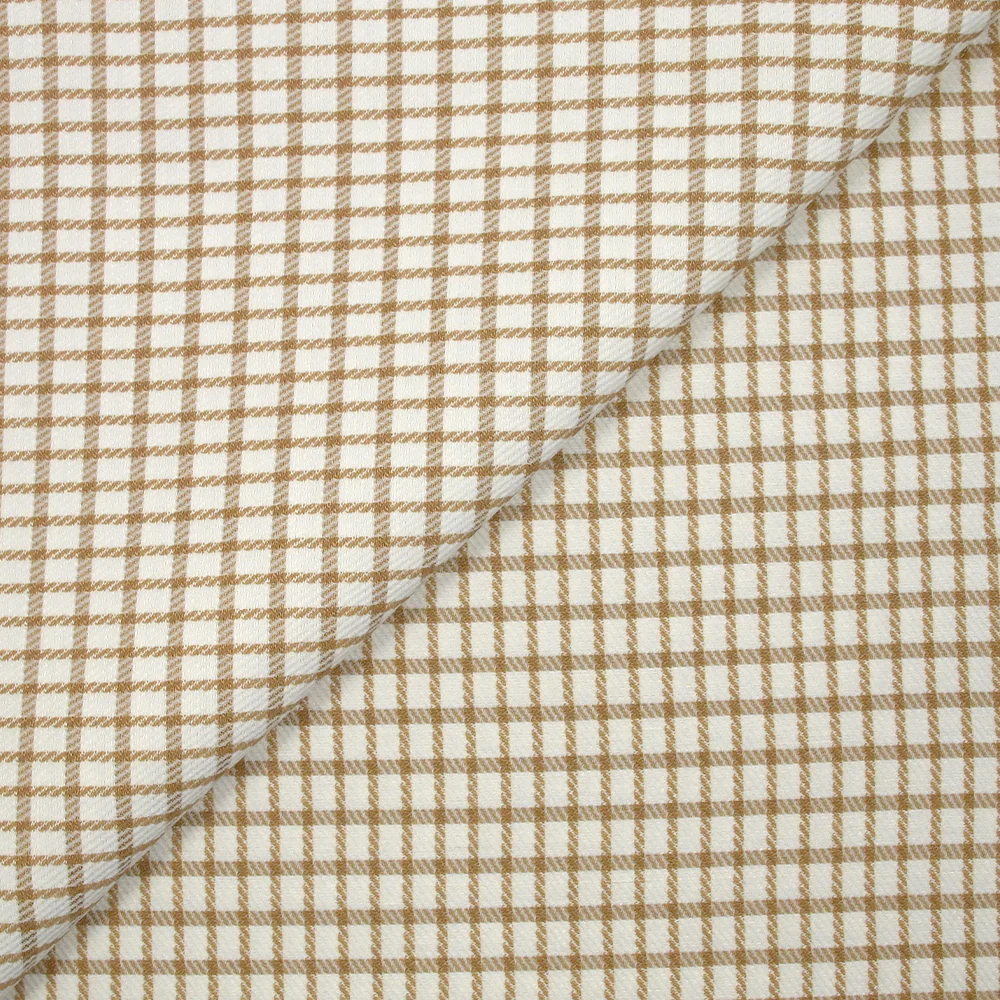 Polyester élasthanne à carreaux camel fond blanc cassé