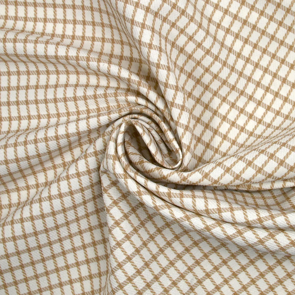 Polyester élasthanne à carreaux camel fond blanc cassé - Image 2