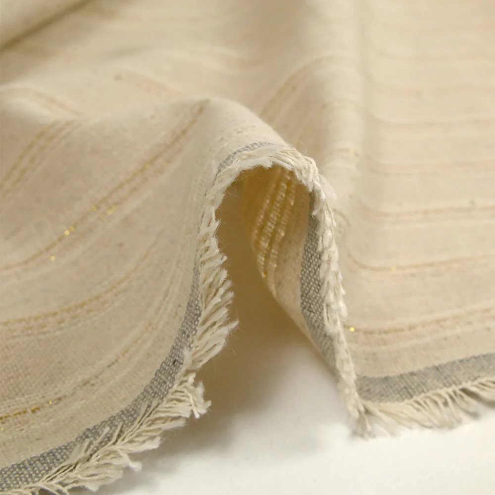 Polyester et lin à rayures lurex doré Carla fond naturel - Image 7