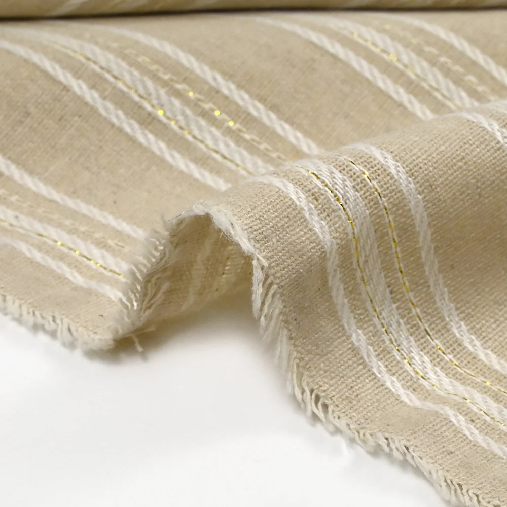 Polyester et lin à rayures lurex doré Margot fond naturel - Image 7