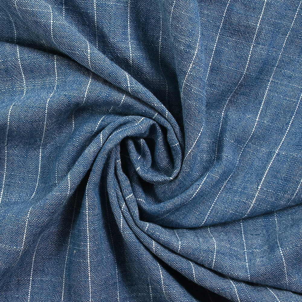 Polyviscose et lin rayé Maud fond bleu jeans - Image 2