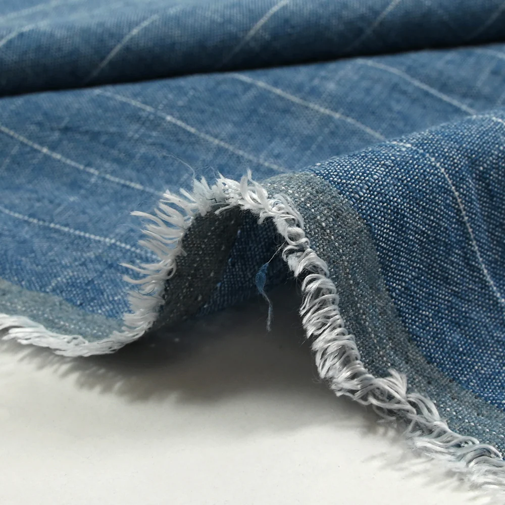 Polyviscose et lin rayé Maud fond bleu jeans - Image 6