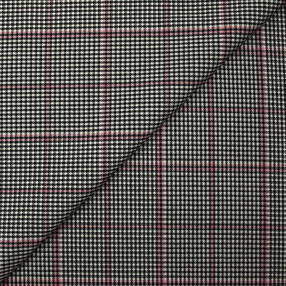 Polyviscose prince-de-galles ligne rose fond noir et blanc