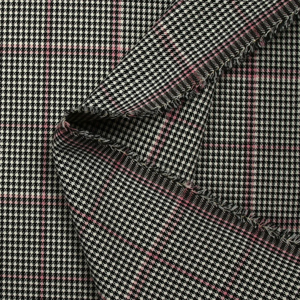 Polyviscose prince-de-galles ligne rose fond noir et blanc - Image 6