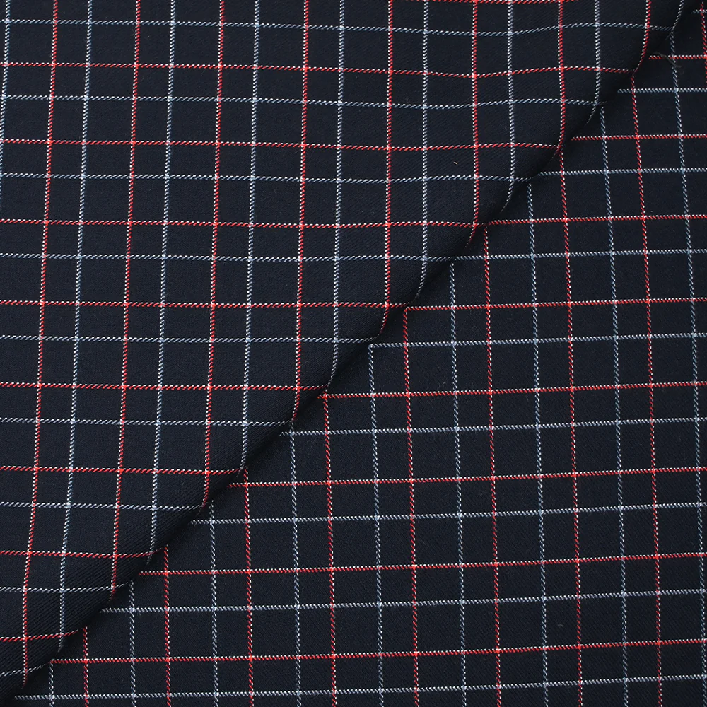 Polyviscose tissée-teinte à carreaux rouge et bleu fond marine