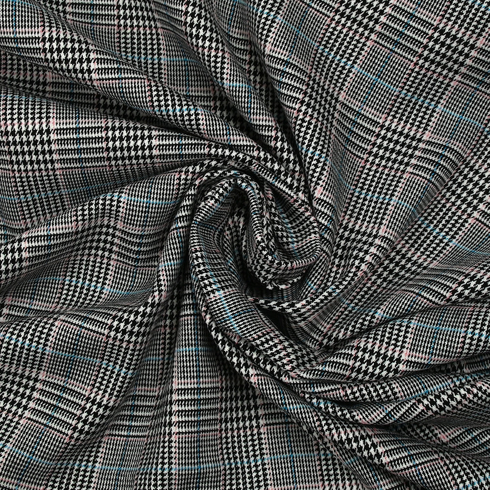 Polyviscose tissée-teinte prince-de-galles noir et blanc ligne rose et bleue - Image 2