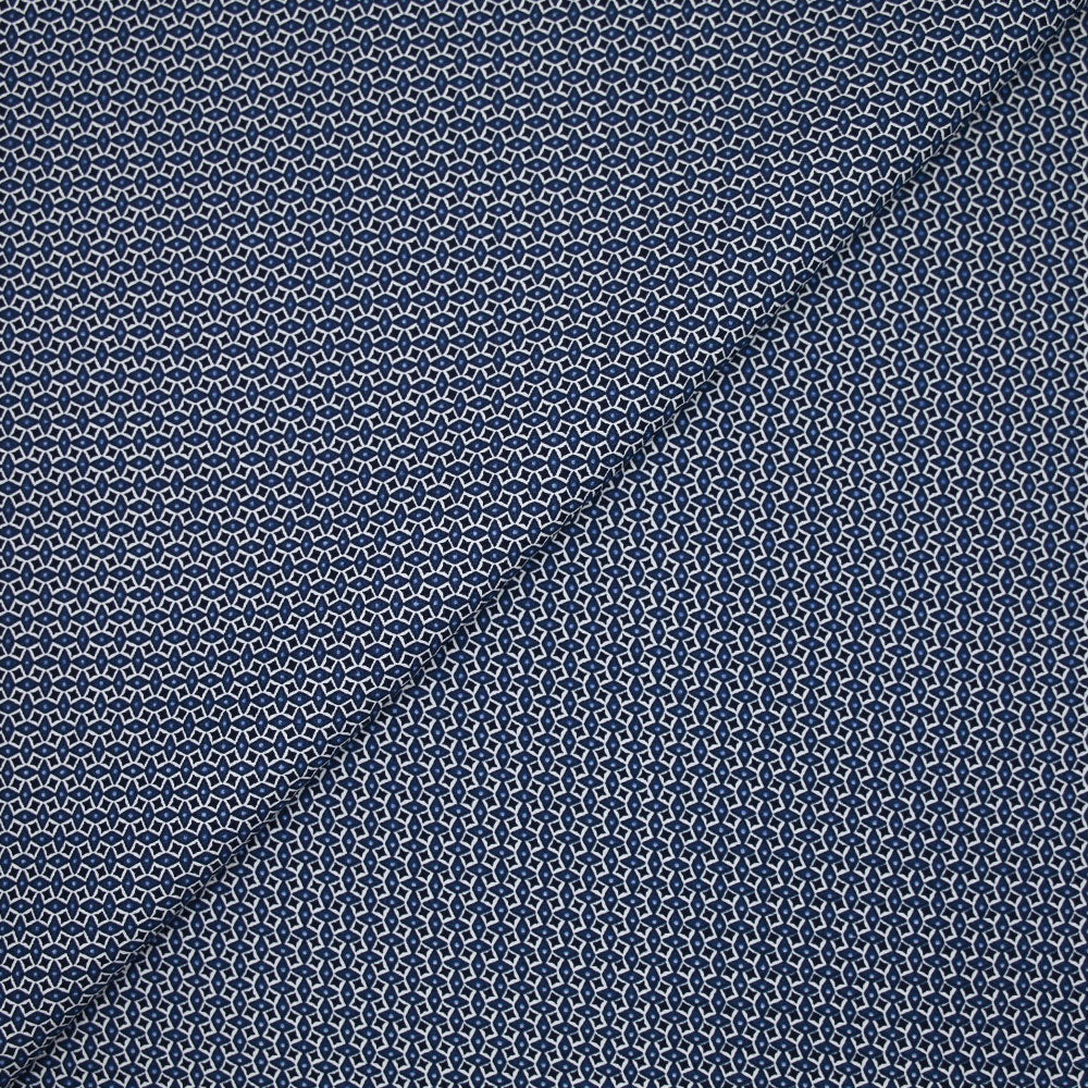 Popeline polycoton imprimée géométrique bleu fond blanc