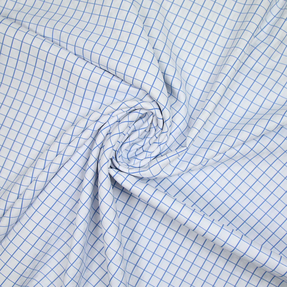 Popeline polycoton jacquard à carreaux bleu denim fond blanc - Image 2
