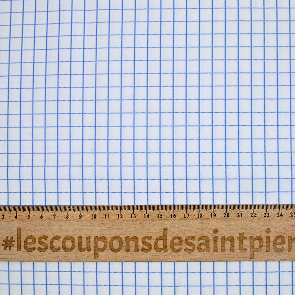 Popeline polycoton jacquard à carreaux bleu denim fond blanc - Image 3