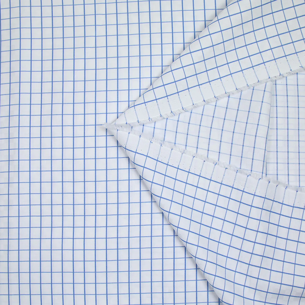 Popeline polycoton jacquard à carreaux bleu denim fond blanc - Image 4