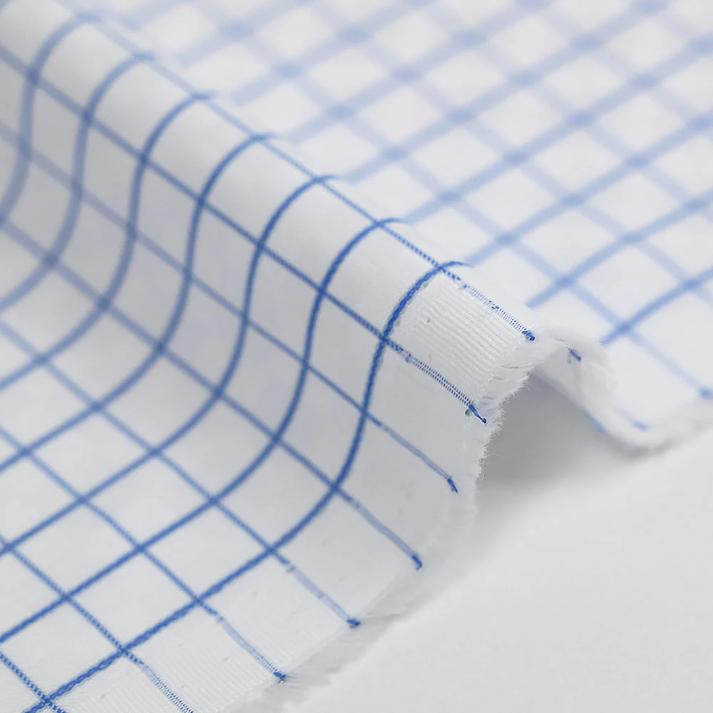 Popeline polycoton jacquard à carreaux bleu denim fond blanc - Image 6