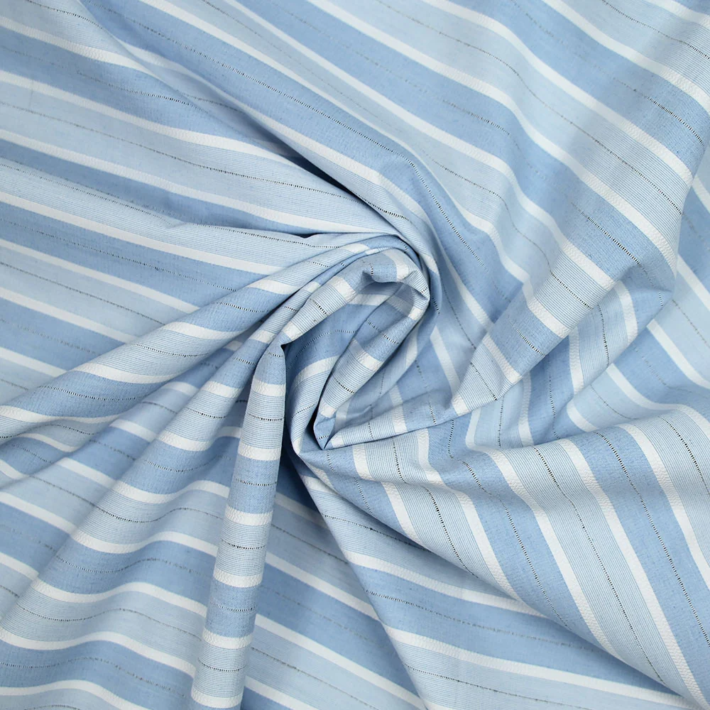 Popeline polycoton jacquard rayure blanche, bleue et noire doupionnée - Image 2