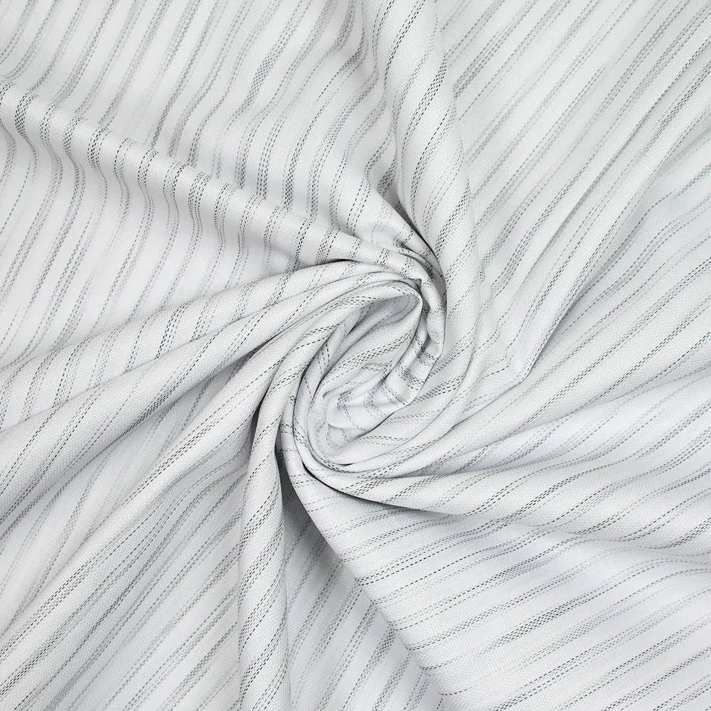 Popeline polycoton jacquard stries gris fond blanc - Image 2
