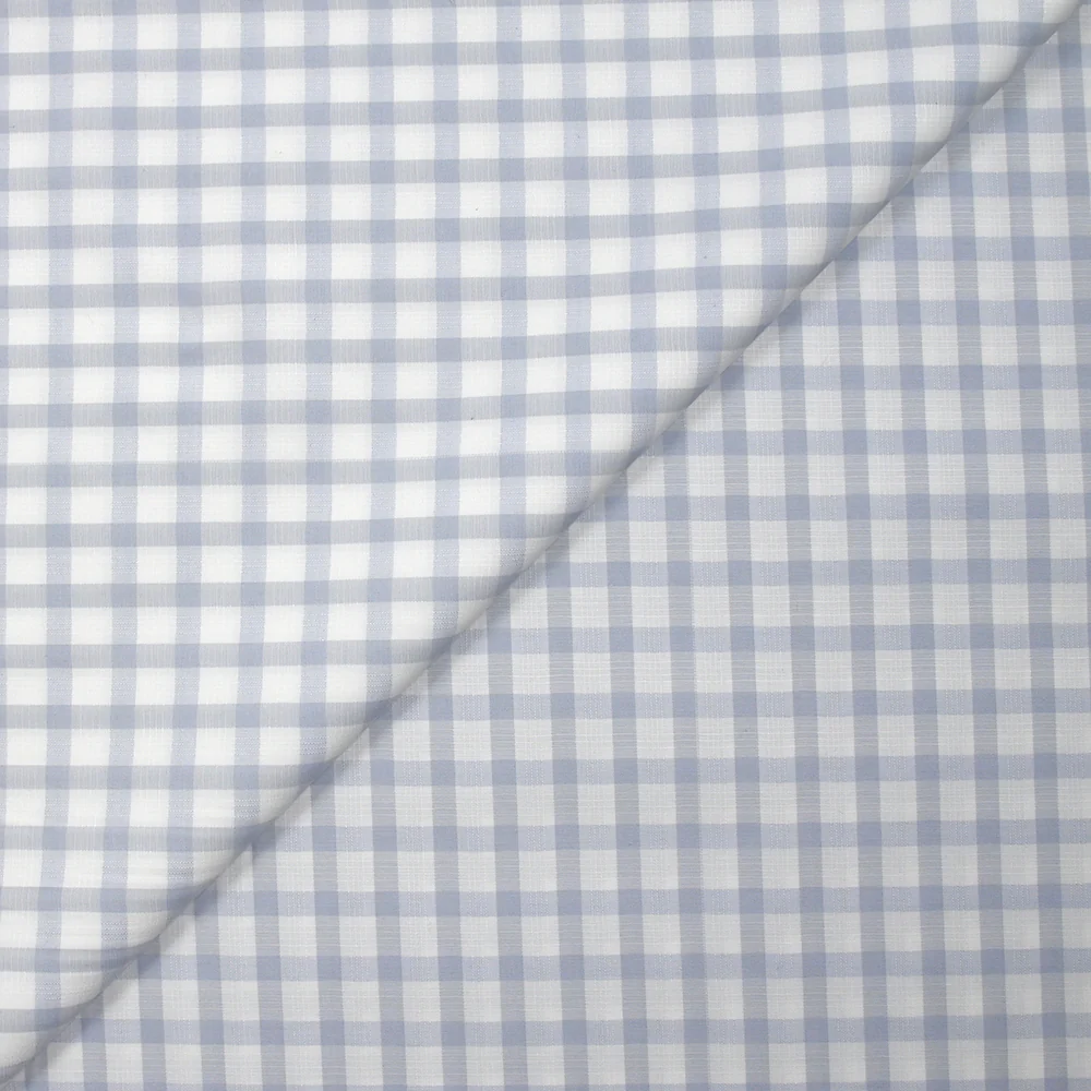 Popeline polycoton tissée-teinte à carreaux Auguste gris bleuté fond blanc