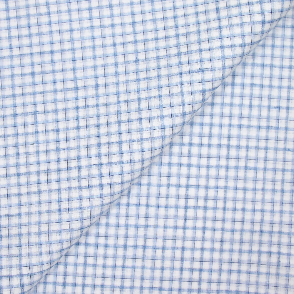 Popeline polycoton tissée-teinte à carreaux Isaac bleu fond blanc