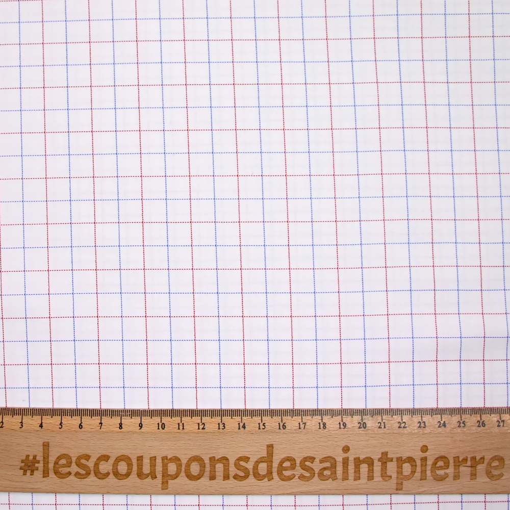 Popeline polycoton tissée-teinte pointillé rouge et bleu fond blanc - Image 4