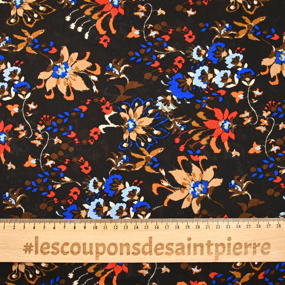 Satin crépon de polyester imprimé fleurette fond marron foncé - Image 3