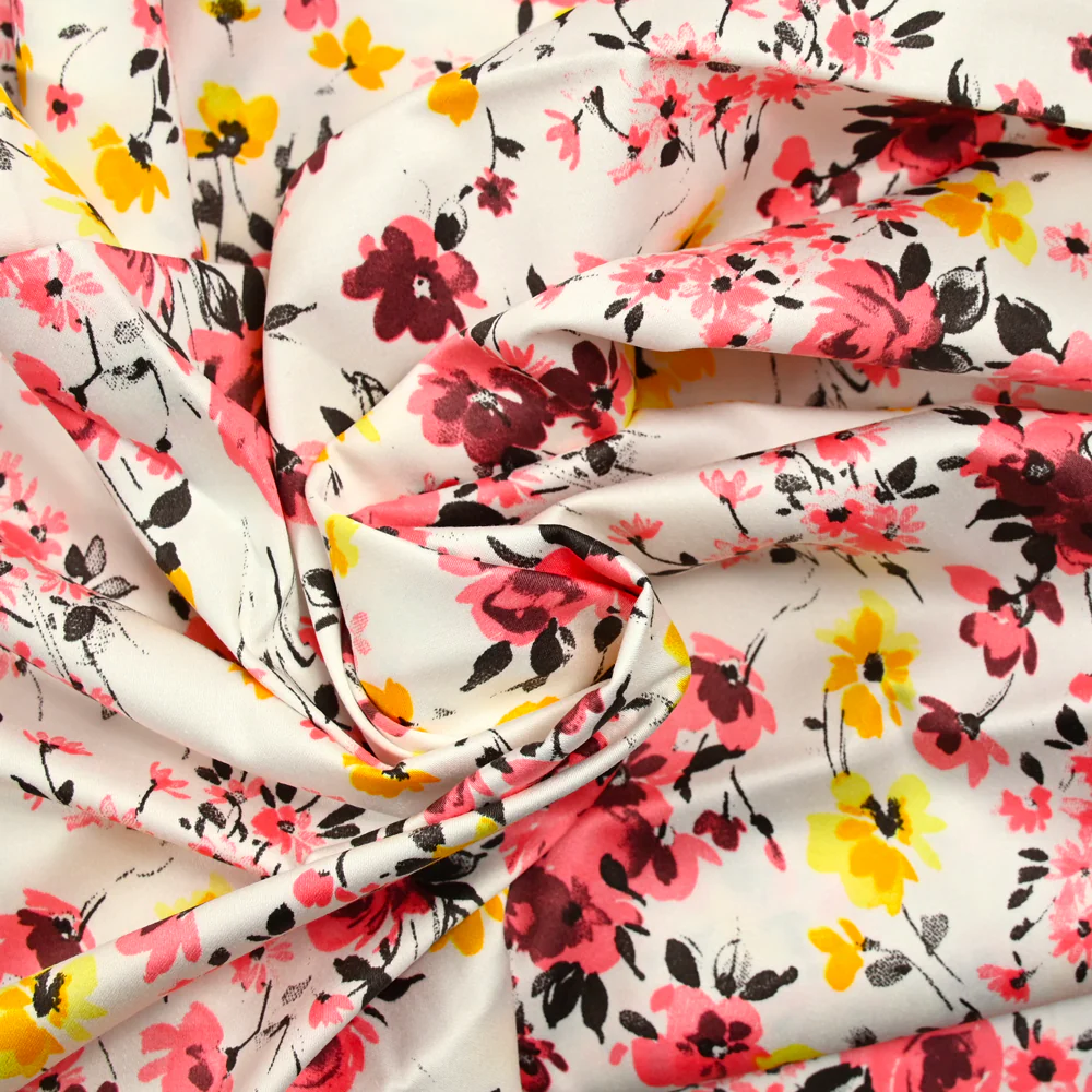Satin de coton élasthanne fleurs rose et jaune fond blanc - Image 2