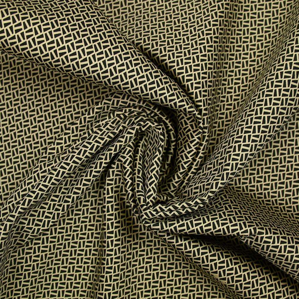 Satin de coton élasthanne imprimé géométrique kaki fond beige - Image 2