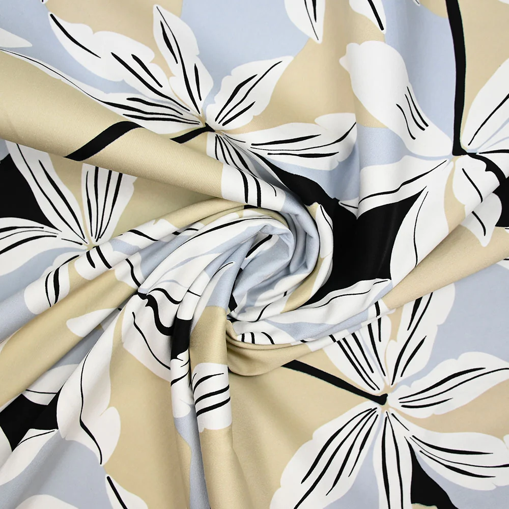 Satin de coton élasthanne palmier gris et beige - Image 2