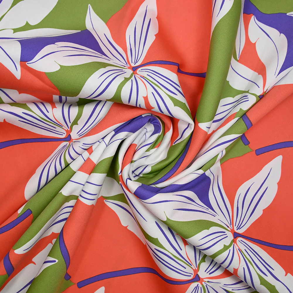 Satin de coton élasthanne palmier orange et vert - Image 2