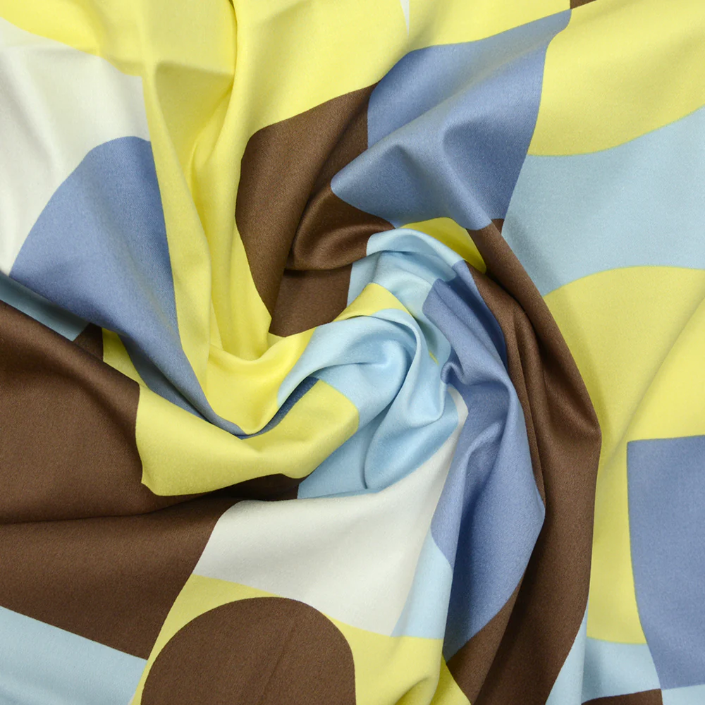 Satin de coton imprimé géométrie en folie ciel et marron - Image 2