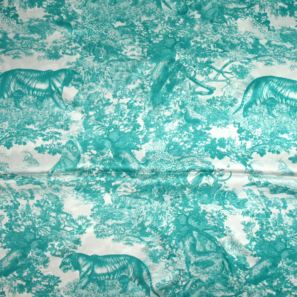 Satin de soie imprimé dans la jungle turquoise fond blanc - Image 4