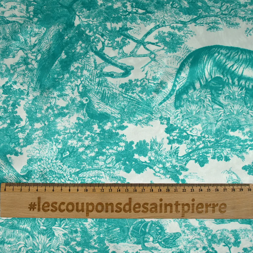 Satin de soie imprimé dans la jungle turquoise fond blanc - Image 5