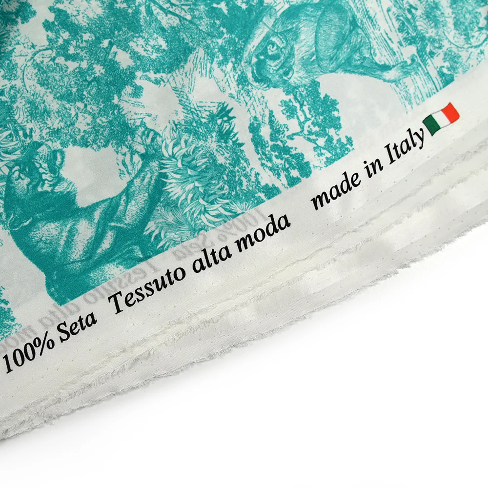 Satin de soie imprimé dans la jungle turquoise fond blanc - Image 7