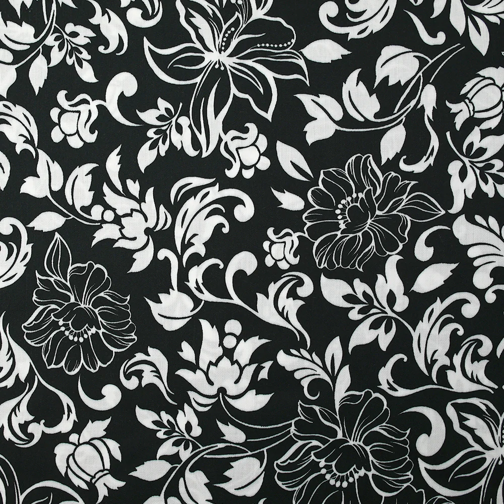 Satin de viscose imprimé fleurs en arabesque fond noir