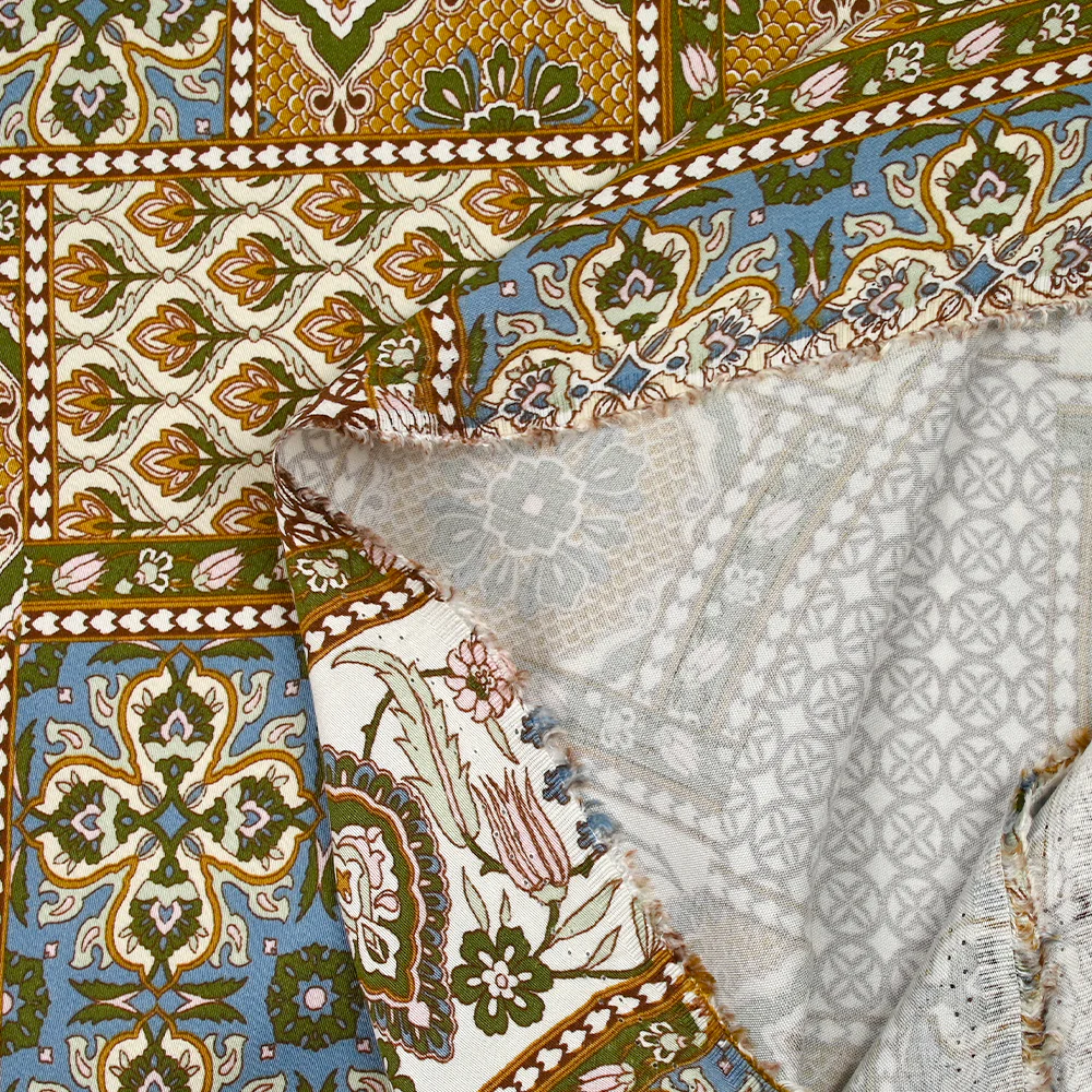 Satin de viscose imprimé patchwork ornement ocre, bleu barbeau et kaki - Image 6