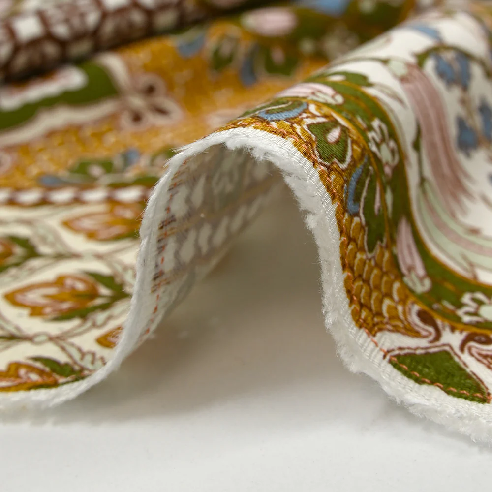 Satin de viscose imprimé patchwork ornement ocre, bleu barbeau et kaki - Image 7