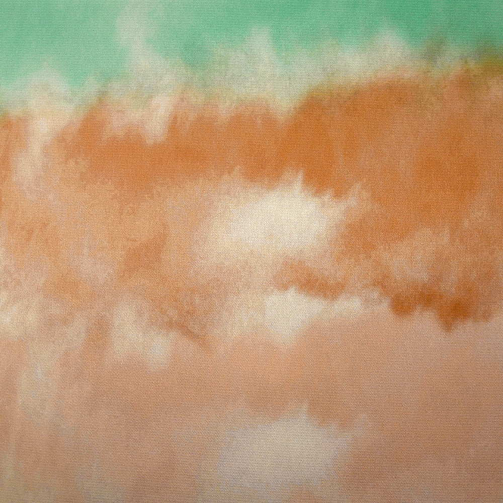 Satin polyester imprimé brume vert d'eau, orange brûlé et champagne