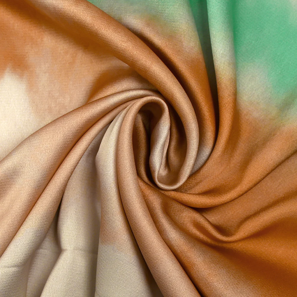 Satin polyester imprimé brume vert d'eau, orange brûlé et champagne - Image 2