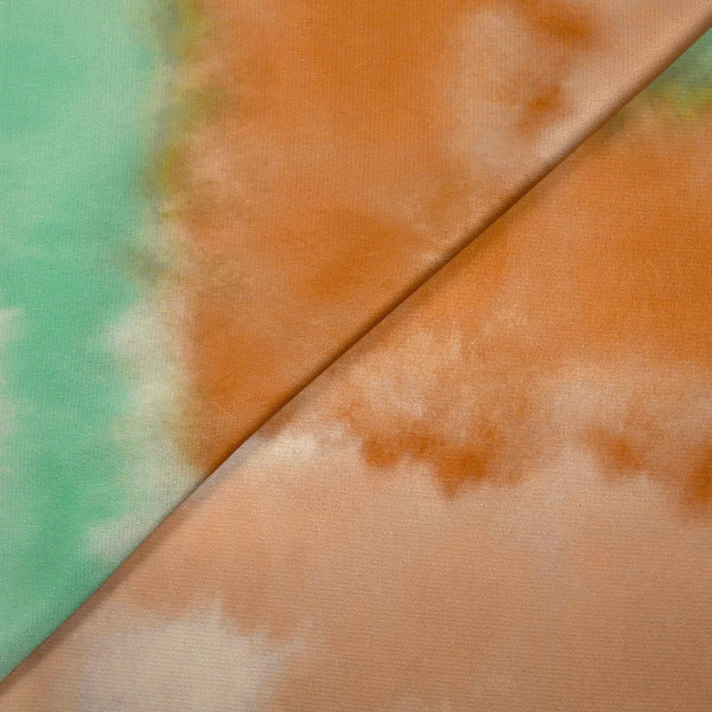 Satin polyester imprimé brume vert d'eau, orange brûlé et champagne - Image 6