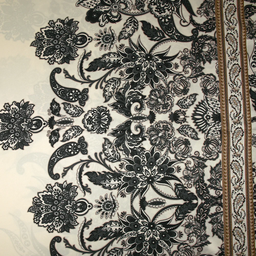Satin polyester imprimé cachemire en frise anthracite fond écru - Image 4