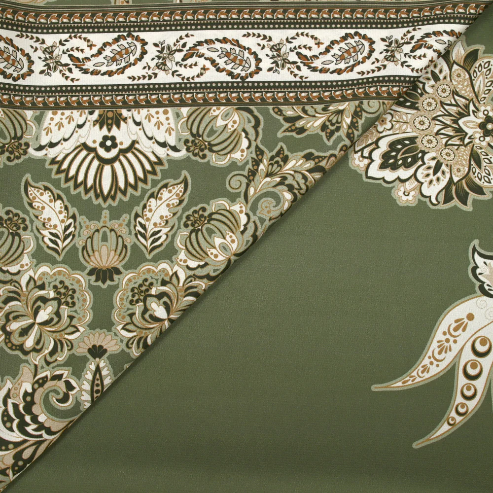 Satin polyester imprimé cachemire en frise fond kaki