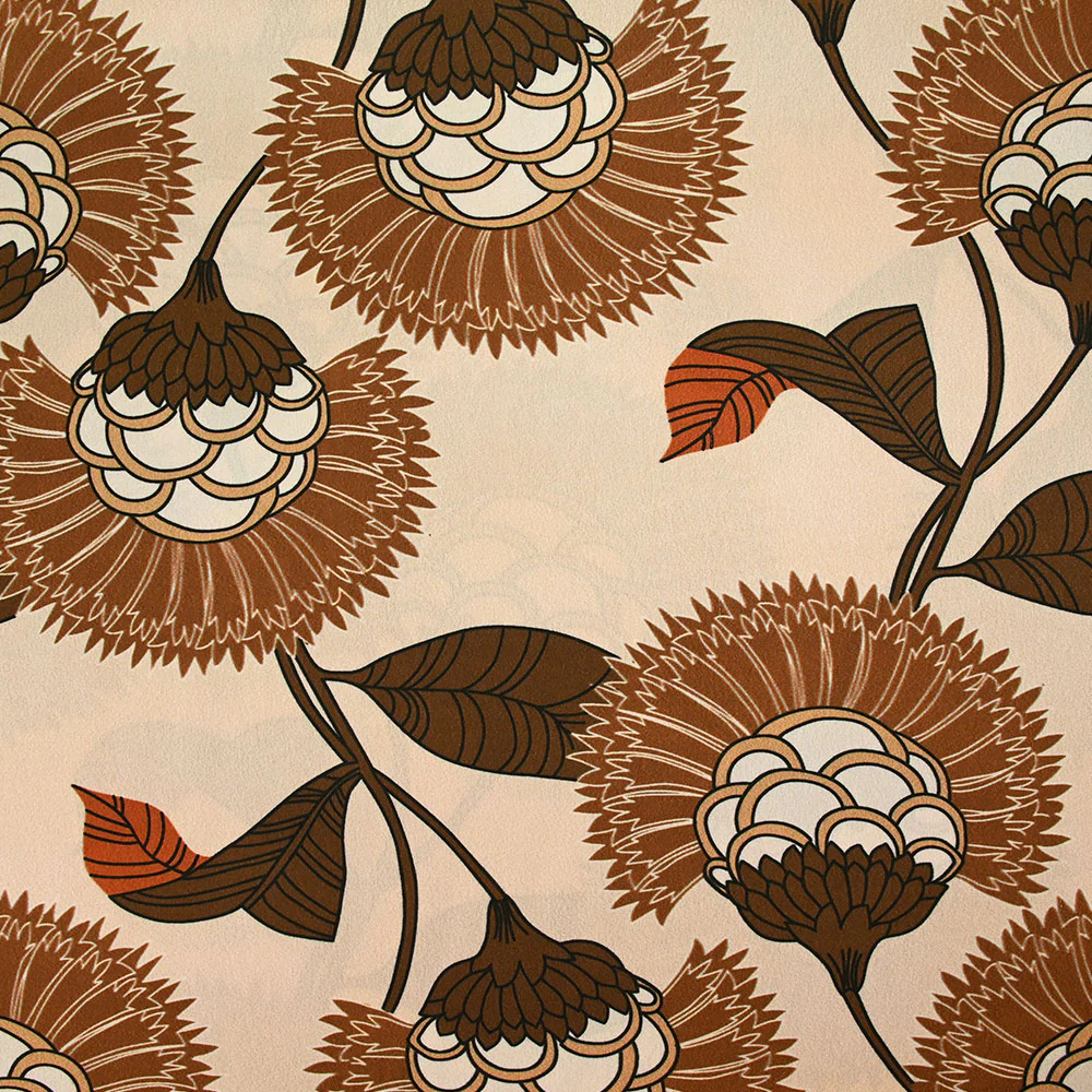 Satin polyester imprimé fleur en éventail noisette fond champagne