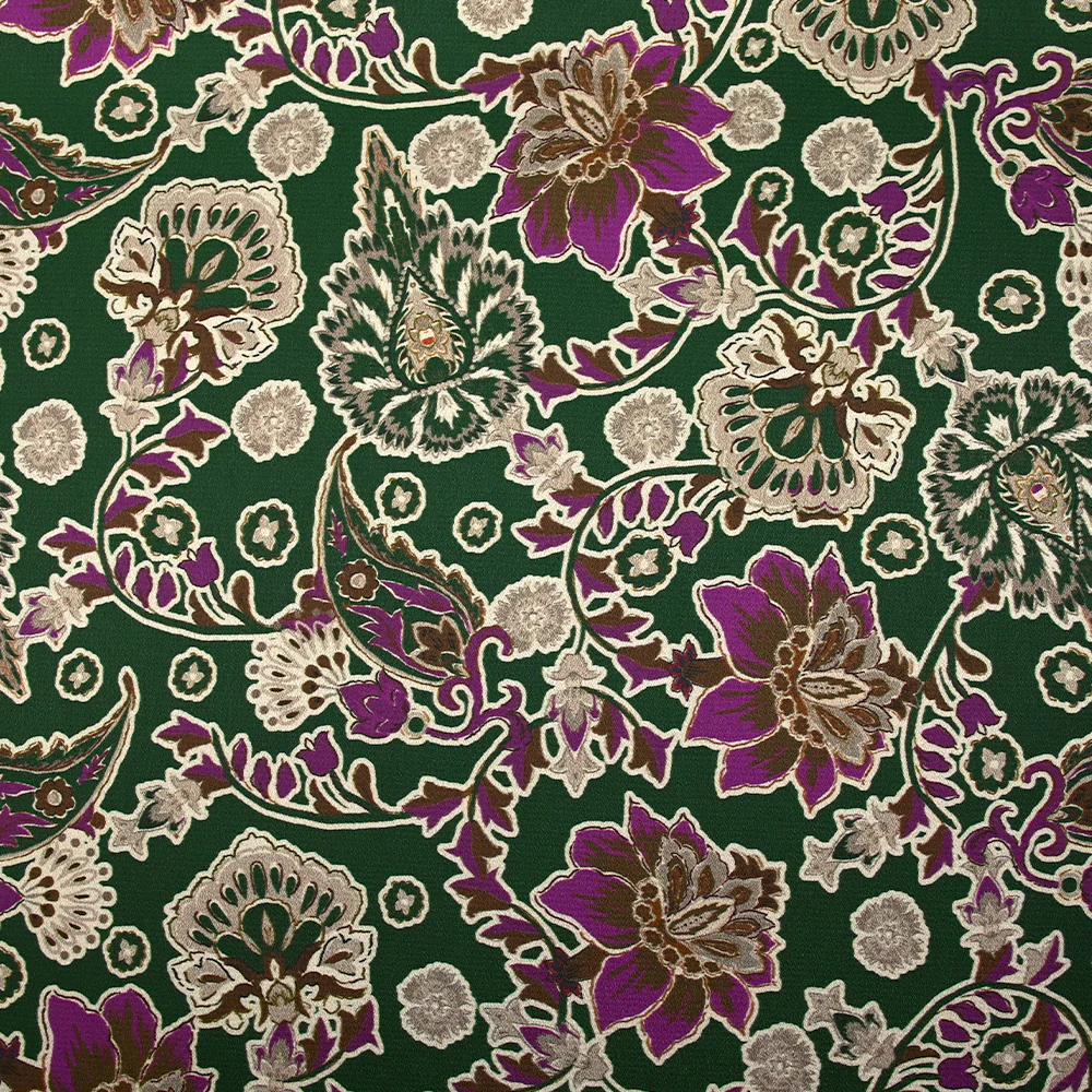 Satin polyester imprimé indian spirit violet fond vert foncé