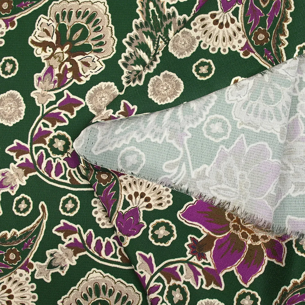Satin polyester imprimé indian spirit violet fond vert foncé - Image 5