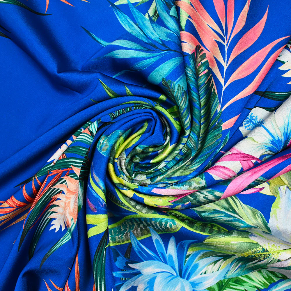 Satin polyester imprimé jardin botanique fond bleu roi - Image 2